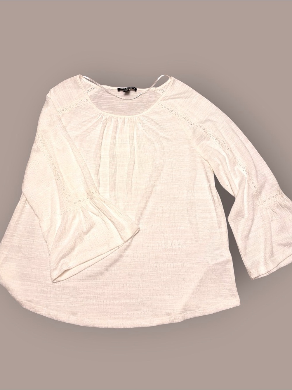 Cable & Gauge Ivory Bell Sleeve Top L Lace Trim Boho Coastal Blouse